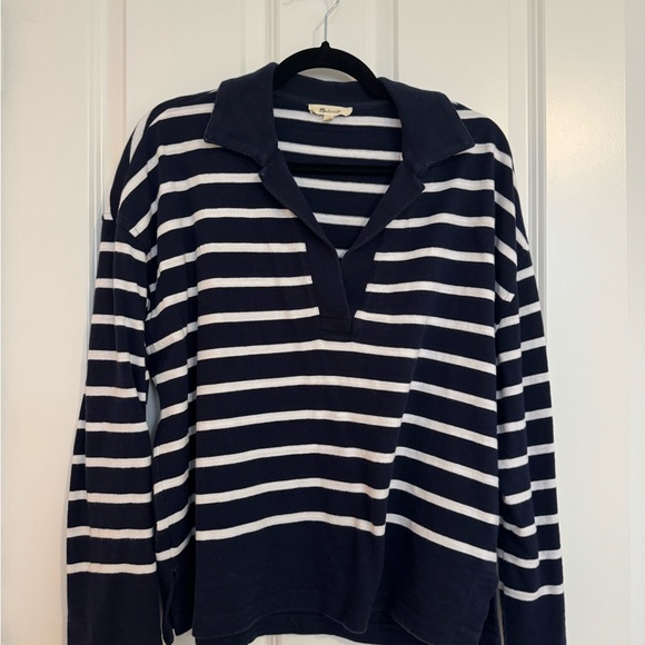Madewell Stripe Long Sleeve Rugby Shirt Navy and White Medium - Picture 2 of 4